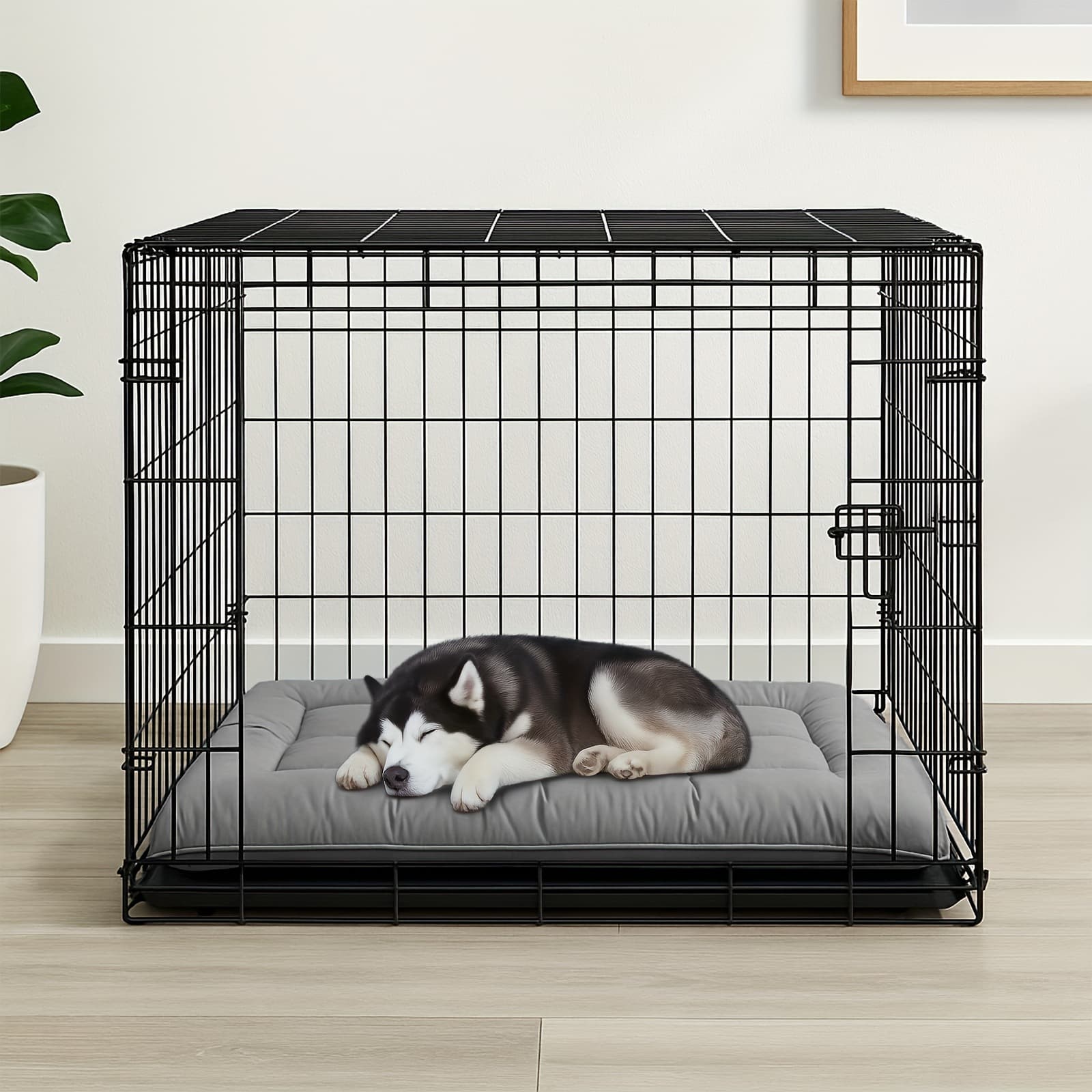 Cooling sofa dog bed placed inside a pet crate
