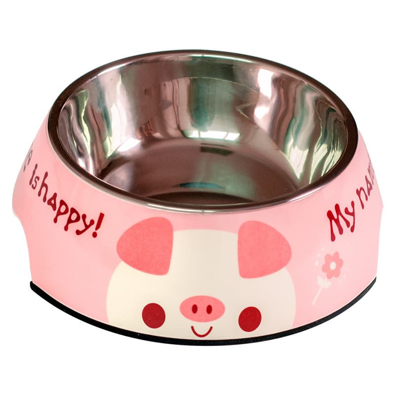 Pink patterned stainless steel pet bowl exterior