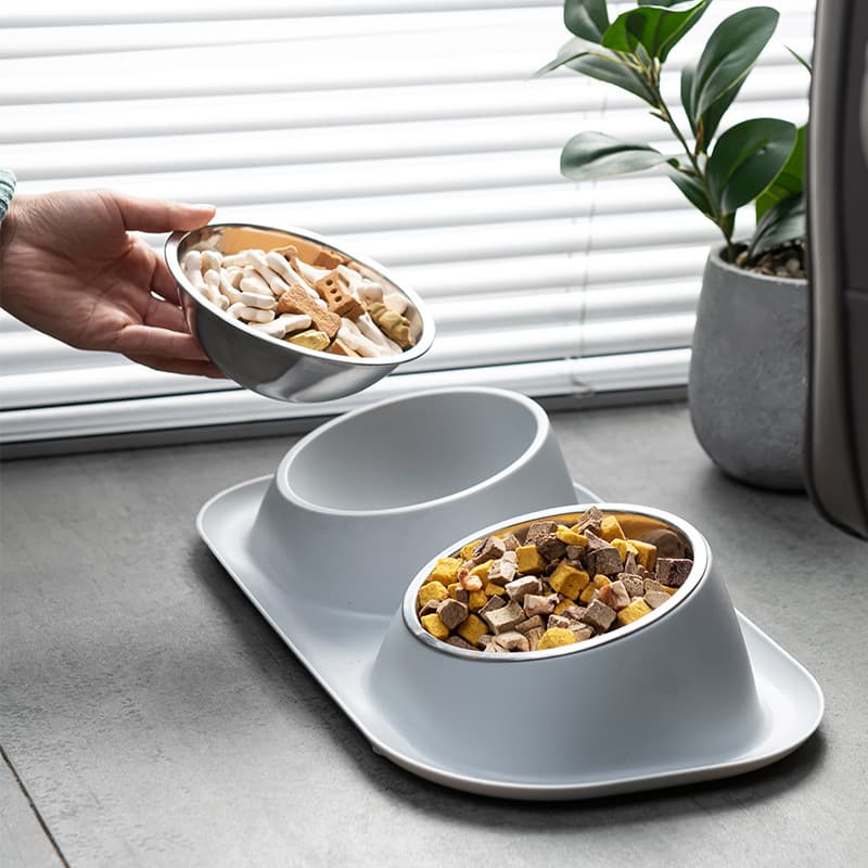 Removable stainless insert lifted from slow feeder double bowl