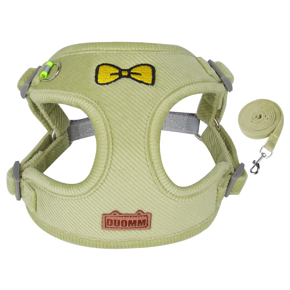 Green corduroy bow dog harness and leash set