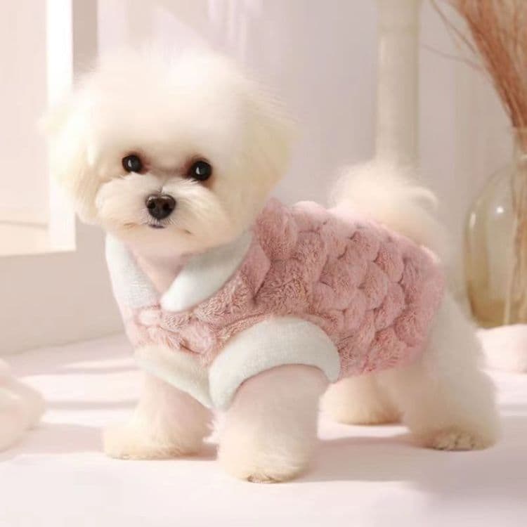 Pink plush pullover pet vest shown from the side